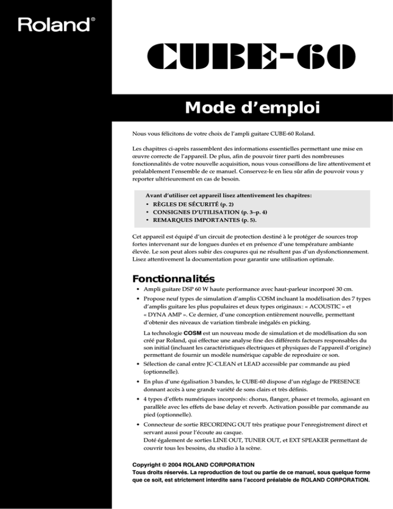 Mode d`emploi - Roland Central Europe Mode d`emploi - Roland Central Europe