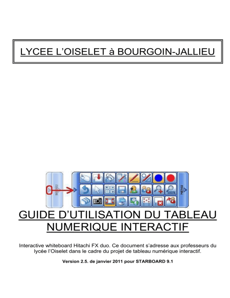 GUIDE D`UTILISATION DU TABLEAU NUMERIQUE INTERACTIF GUIDE D`UTILISATION DU TABLEAU NUMERIQUE INTERACTIF