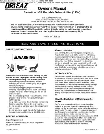 Dri-Eaz DrizAir Evolution LGR Dehumidifier Owner`s Manual | Sylvane Dri-Eaz DrizAir Evolution LGR Dehumidifier Owner`s Manual | Sylvane