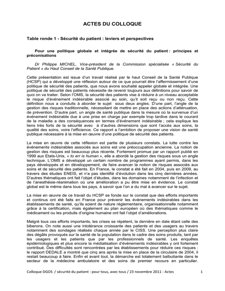 ACTES DU COLLOQUE - Ministère de la santé ACTES DU COLLOQUE - Ministère de la santé