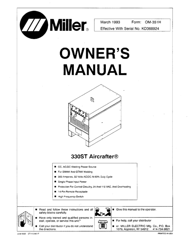 Miller KD368924 Owner's manual Miller KD368924 Owner's manual
