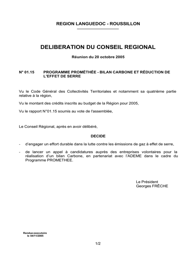 Programme prométhée - Bilan carbone et réduction de l`effet de serre Programme prométhée - Bilan carbone et réduction de l`effet de serre