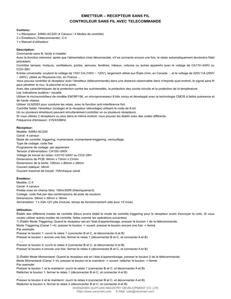 Contrôleur / Commutateur sans fil avec télécommande Contrôleur / Commutateur sans fil avec télécommande