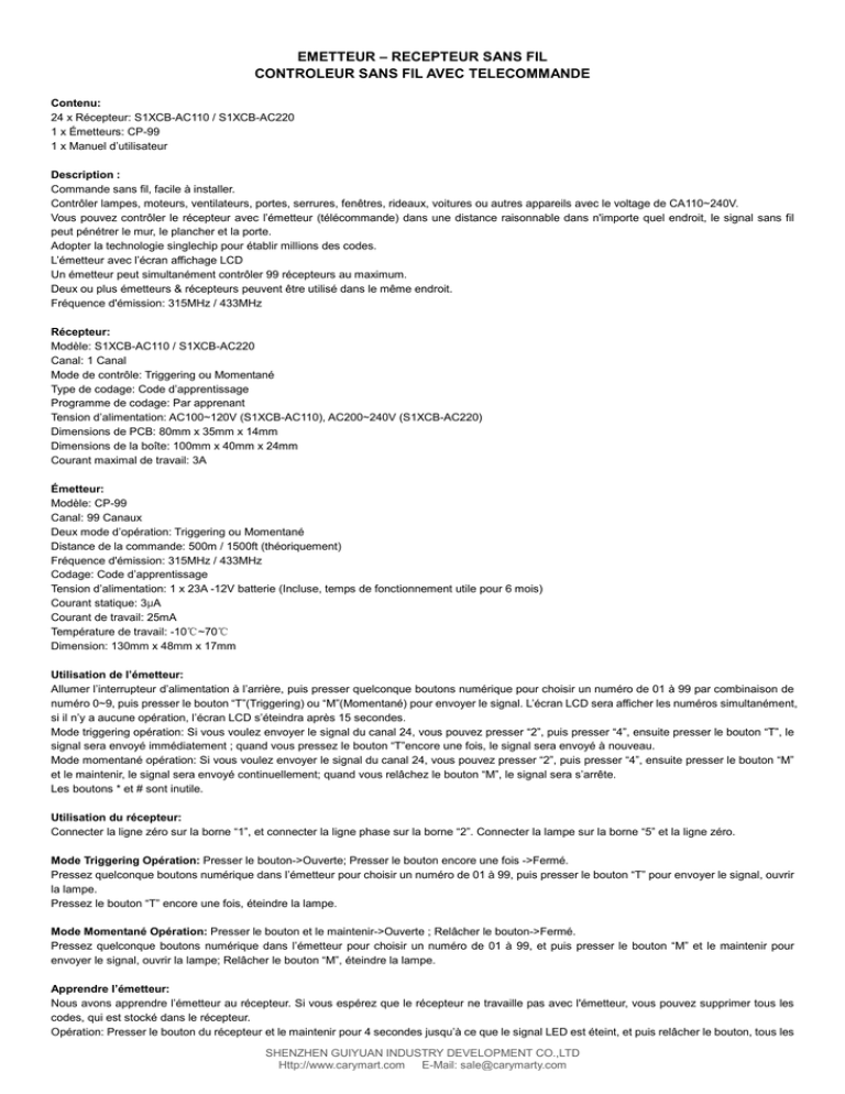 EMETTEUR – RECEPTEUR SANS FIL CONTROLEUR EMETTEUR – RECEPTEUR SANS FIL CONTROLEUR