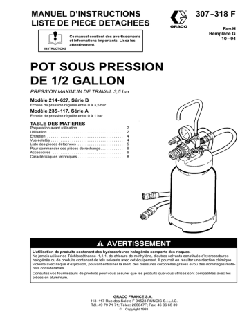 Graco 307318H - Pot Sous Pression de 1/2 Gallon Manuel du propriétaire | Manualzz