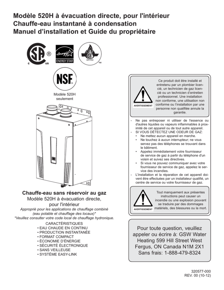 Modèle 520H à évacuation directe, pour l`intérieur Chauffe Modèle 520H à évacuation directe, pour l`intérieur Chauffe