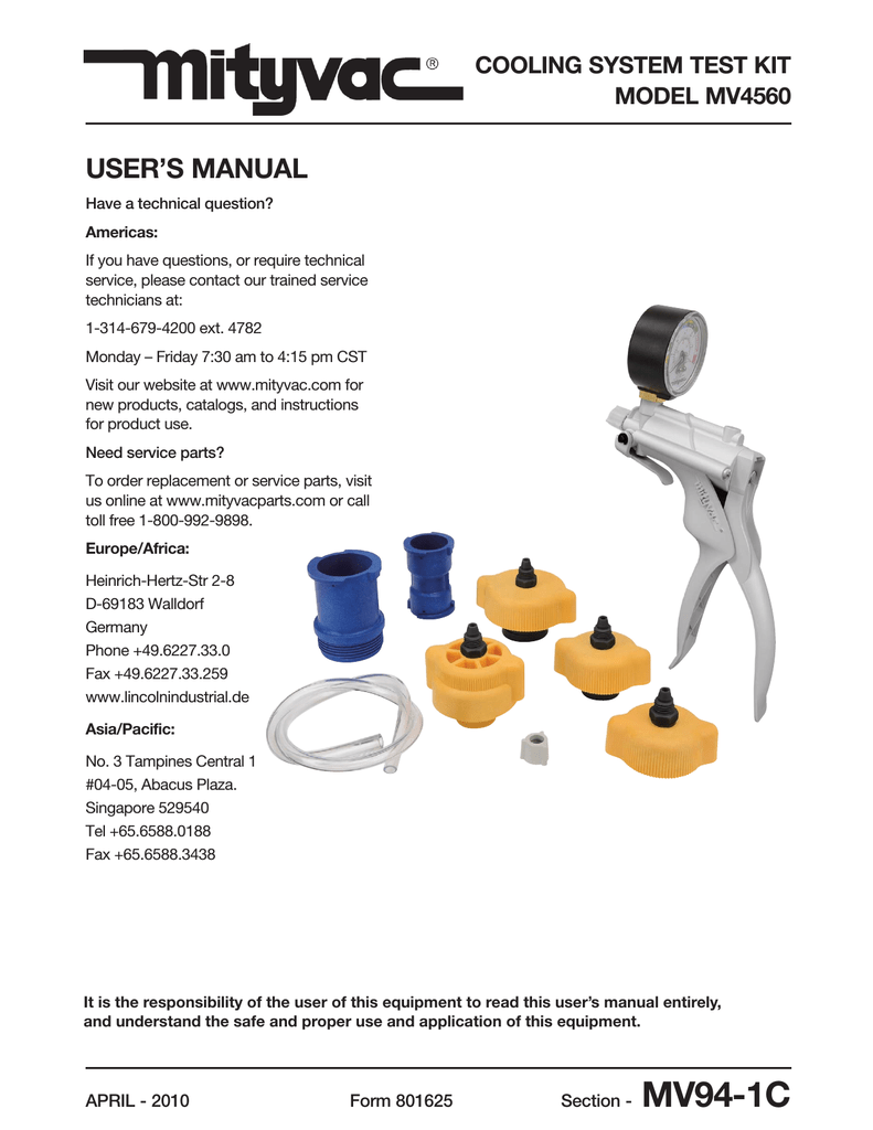 Cooling System Test Kit Model Mv User S Manual Manualzz