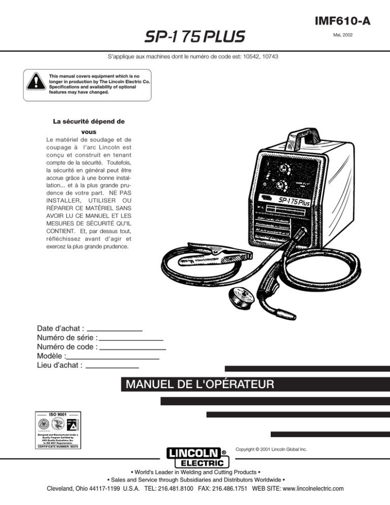 Lincoln Electric SP175 Plus Operating instructions Lincoln Electric SP175 Plus Operating instructions
