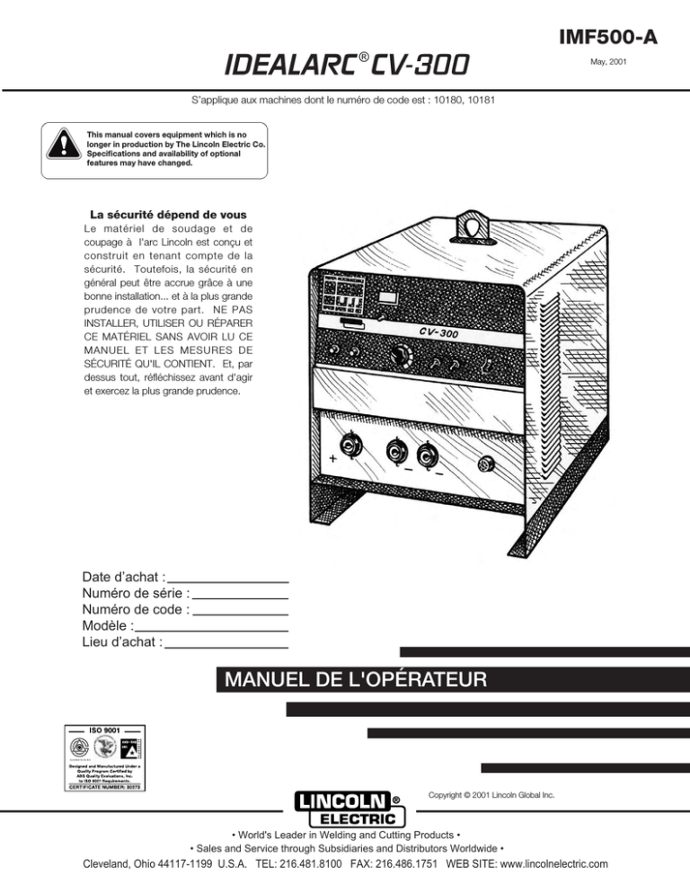 Lincoln Electric Idealarc CV300 Operating instructions Lincoln Electric Idealarc CV300 Operating instructions