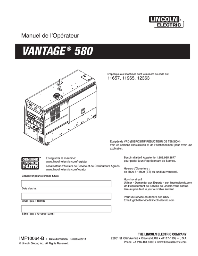 Lincoln Electric Vantage 580 Operating instructions Lincoln Electric Vantage 580 Operating instructions