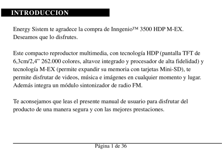 ENERGY SISTEM Inngenio 3500 HDP M-EX Operating instructions ENERGY SISTEM Inngenio 3500 HDP M-EX Operating instructions
