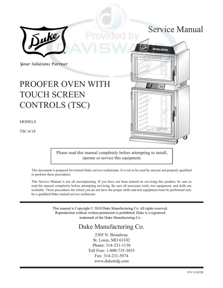 Duke Manufacturing TSC-6/18 TSC 3/9 User manual Duke Manufacturing TSC-6/18 TSC 3/9 User manual