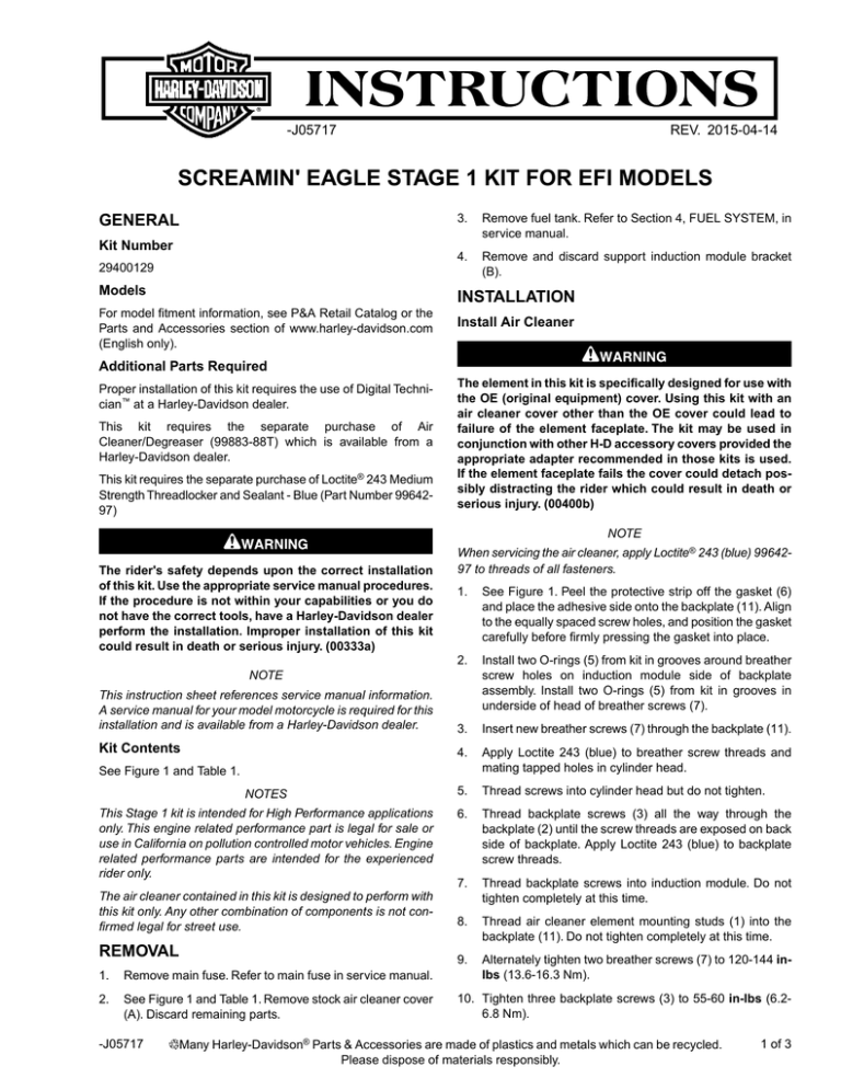 screamin` eagle stage 1 kit for efi models - Harley screamin` eagle stage 1 kit for efi models - Harley