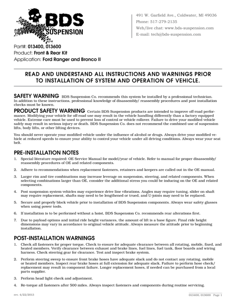BDS Suspension Installation Instructions BDS Suspension Installation Instructions