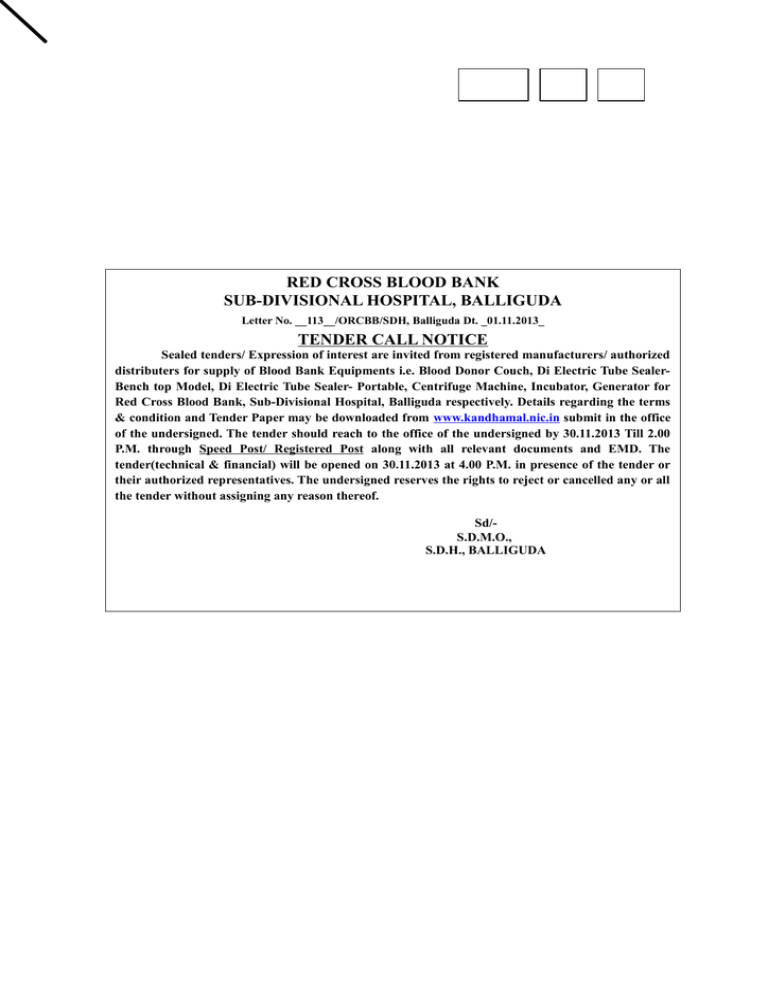 Quotation call notice in respect of Blood bank SDH Quotation call notice in respect of Blood bank SDH