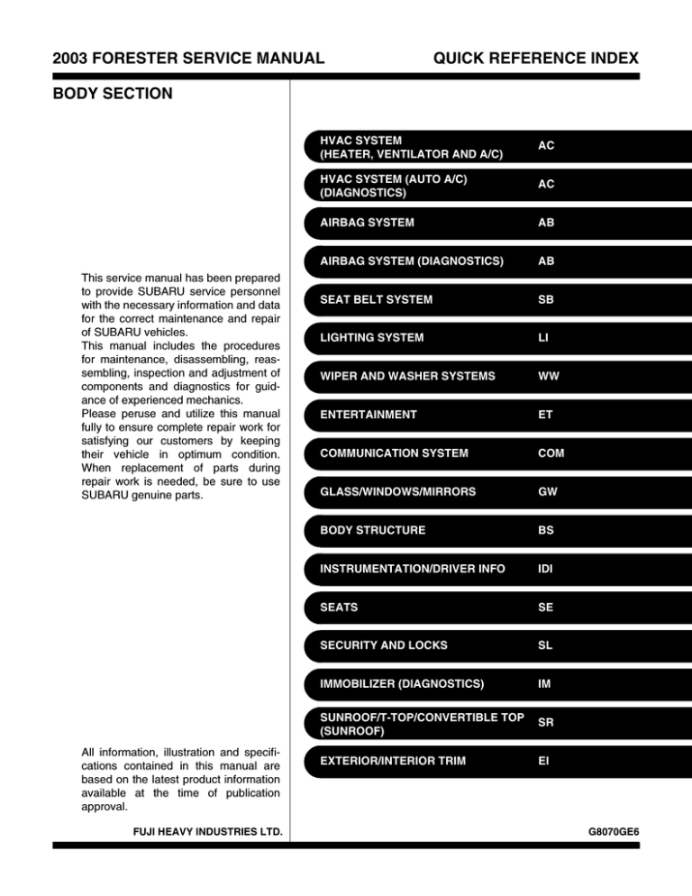 2003 forester service manual quick reference index body section 2003 forester service manual quick reference index body section