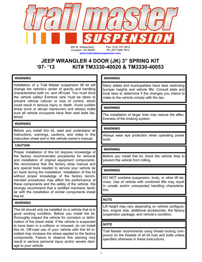 Instructions - Trail Master Suspension Instructions - Trail Master Suspension