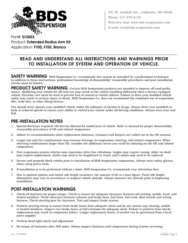 BDS Suspension Installation Instructions BDS Suspension Installation Instructions
