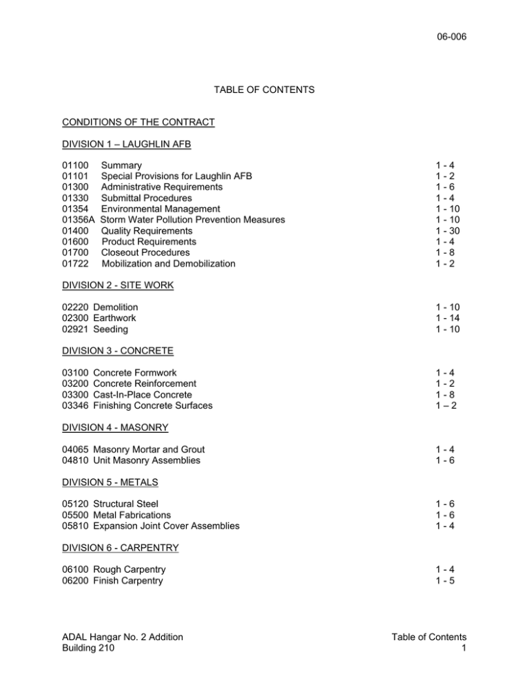 06-006 ADAL Hangar No. 2 Addition Table of Contents Building 210 06-006 ADAL Hangar No. 2 Addition Table of Contents Building 210