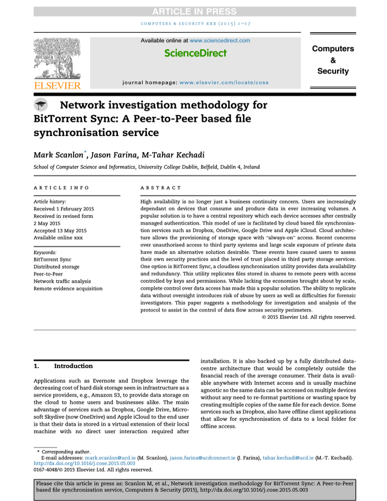 Network investigation methodology for BitTorrent Sync: A Peer Network investigation methodology for BitTorrent Sync: A Peer