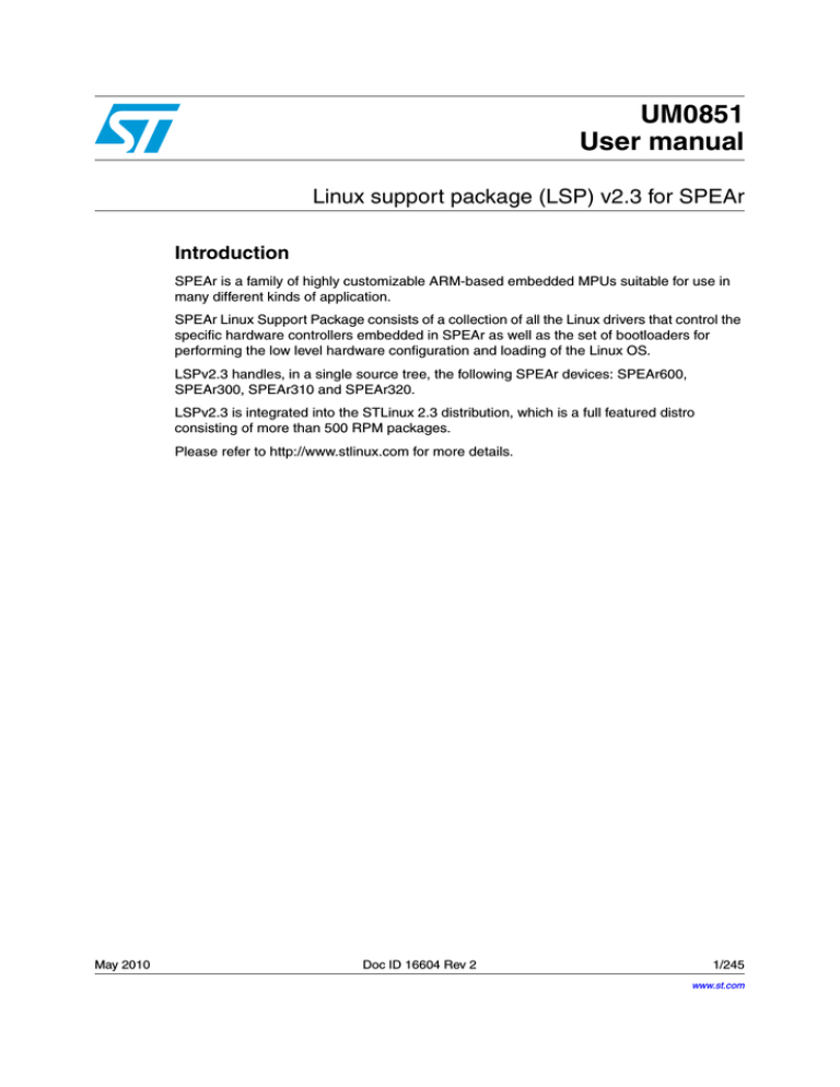 Linux support package (LSP) v2.3 for SPEAr Linux support package (LSP) v2.3 for SPEAr