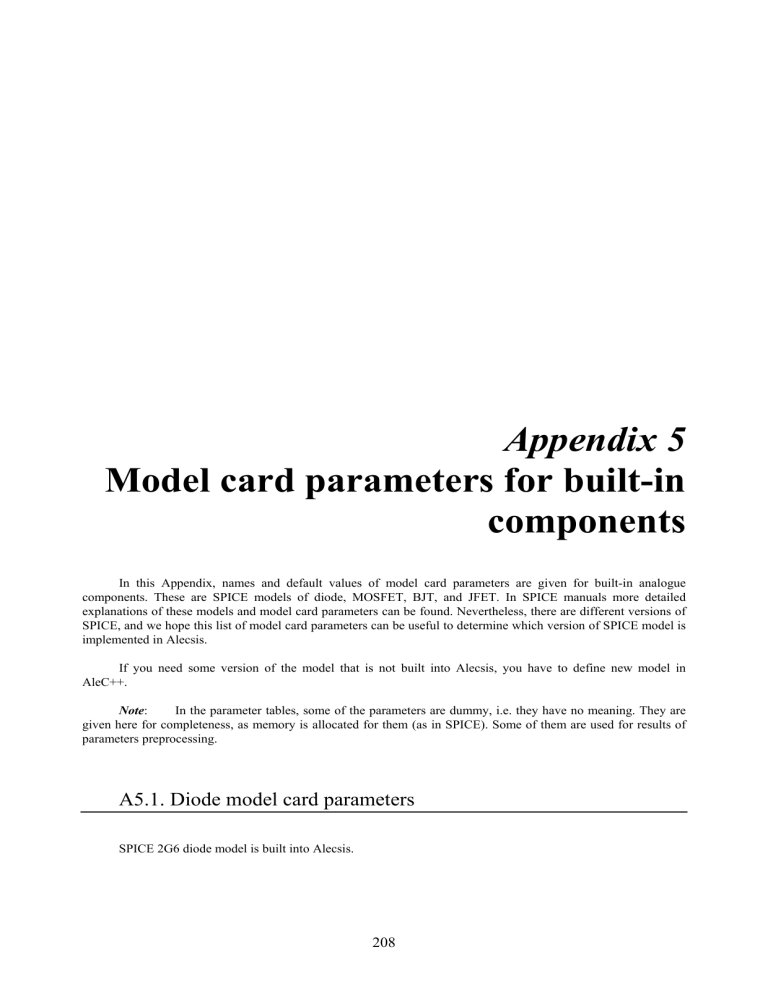 Appendix 5 Model card parameters for built-in components Appendix 5 Model card parameters for built-in components