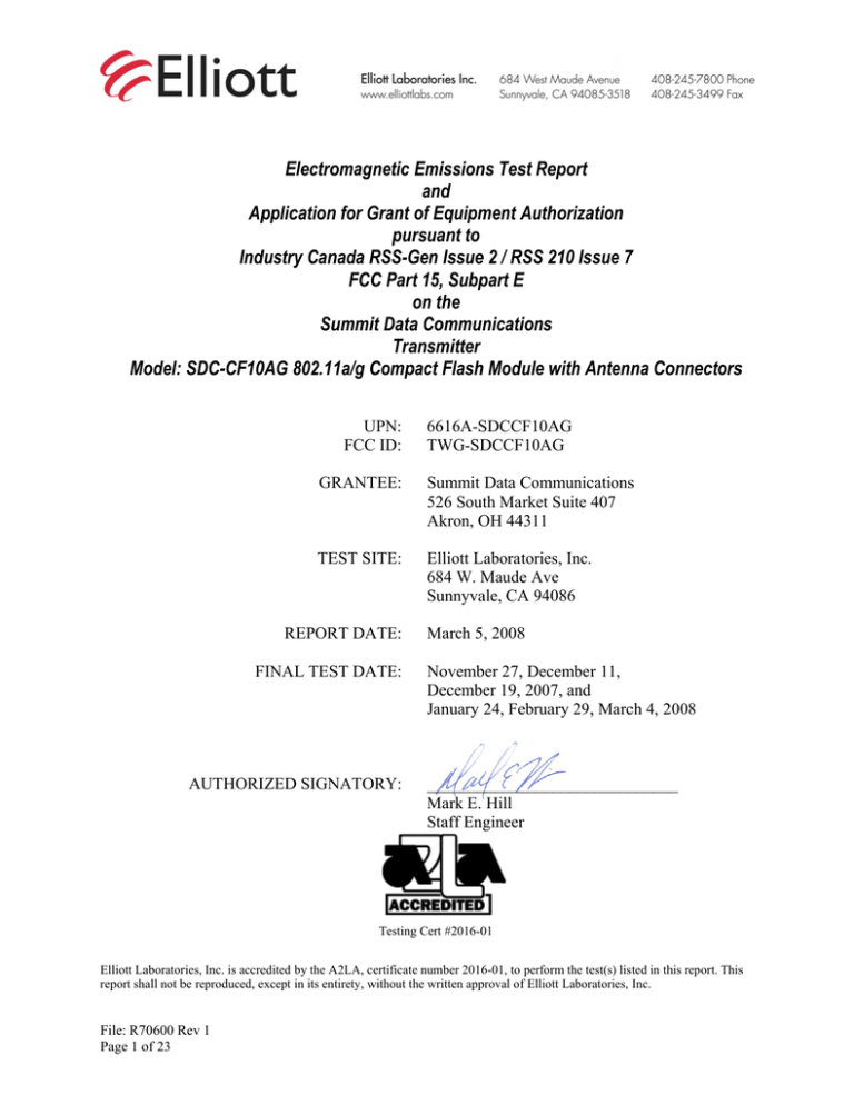 EMC Test Data - Summit Data Communications EMC Test Data - Summit Data Communications