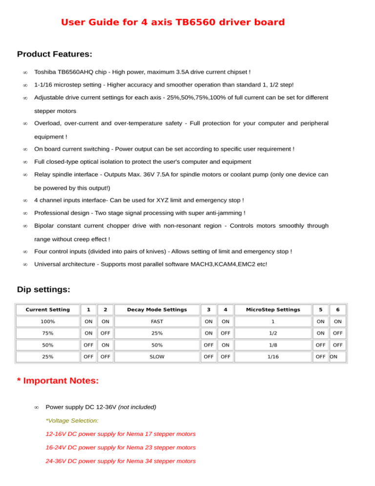 User Guide for 4 axis TB6560 driver board * Important User Guide for 4 axis TB6560 driver board * Important