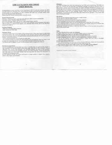 USB 3.0 T0 SATA HDD DRIVE USER MANUAL USB 3.0 T0 SATA HDD DRIVE USER MANUAL