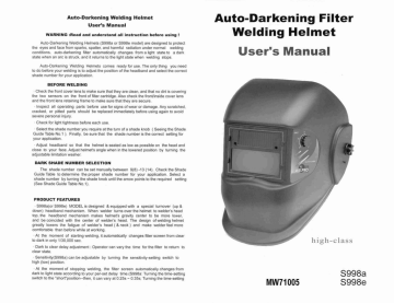 Auto-Darkening Filter Welding Helmet User`s Manual | Manualzz