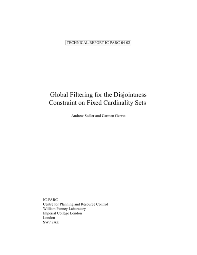 Global Filtering for the Disjointness Constraint on Fixed Global Filtering for the Disjointness Constraint on Fixed