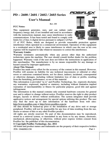 Posiflex PD-2600 / PD-2601 / PD-2602 / PD-2603 User manual | Manualzz Posiflex PD-2600 / PD-2601 / PD-2602 / PD-2603 User manual | Manualzz