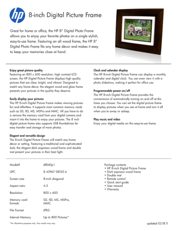 HP df840p1 Digital Picture Frame Product information HP df840p1 Digital Picture Frame Product information