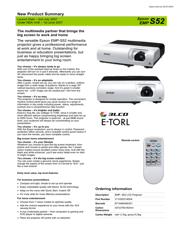 New Product Summary EMP S52 New Product Summary EMP S52