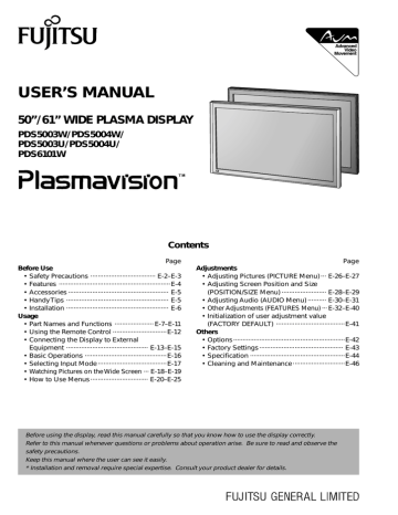 Fujitsu PDS6101W Flat Panel Television User`s manual | Manualzz Fujitsu PDS6101W Flat Panel Television User`s manual | Manualzz