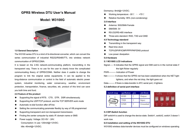 GPRS Wireless DTU User`s Manual Model: W3100G GPRS Wireless DTU User`s Manual Model: W3100G