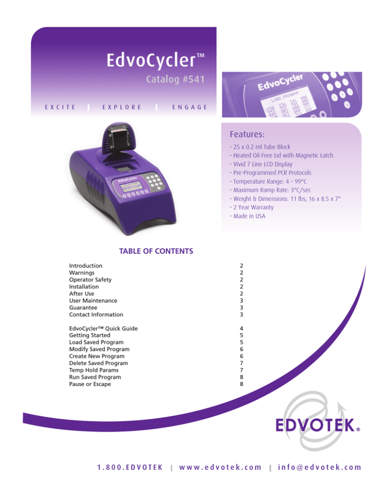 EdvoCycler™ Quick Guide EdvoCycler™ Quick Guide