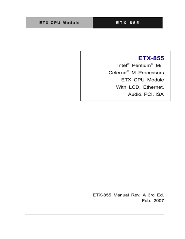 ETX 855 Computer on Module COM User Manual ETX 855 Computer on Module COM User Manual