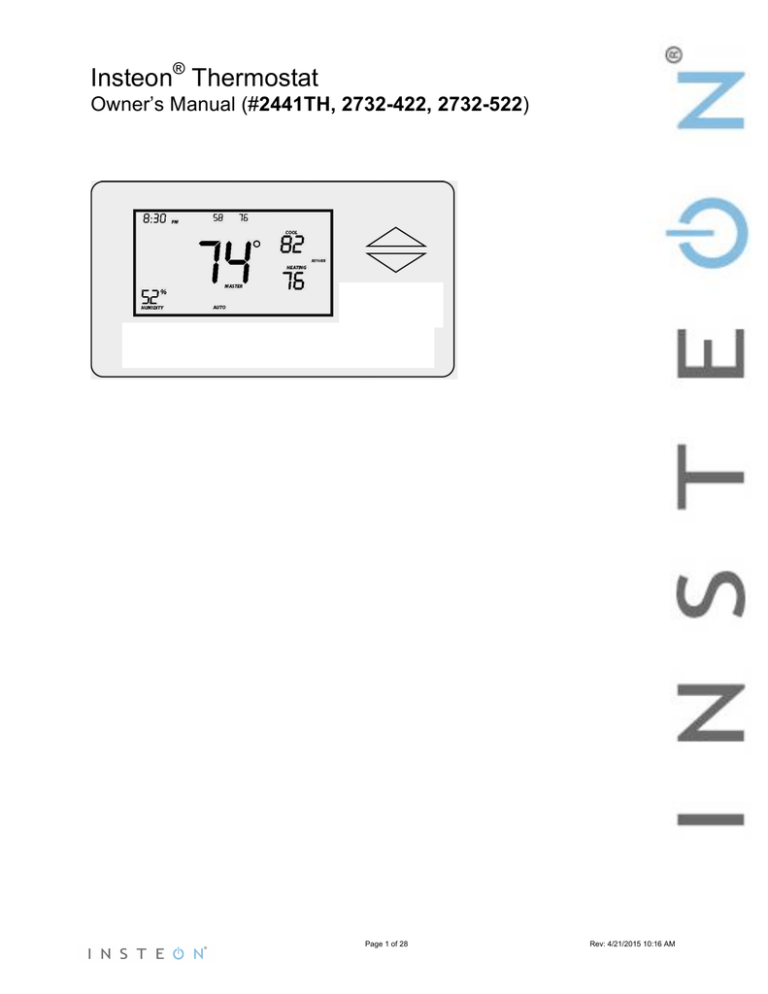 Manual 2441TH INSTEON Thermostat Manual 2441TH INSTEON Thermostat