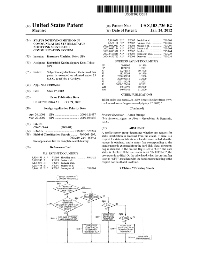 Status notifying method in communication system, status notifying Status notifying method in communication system, status notifying