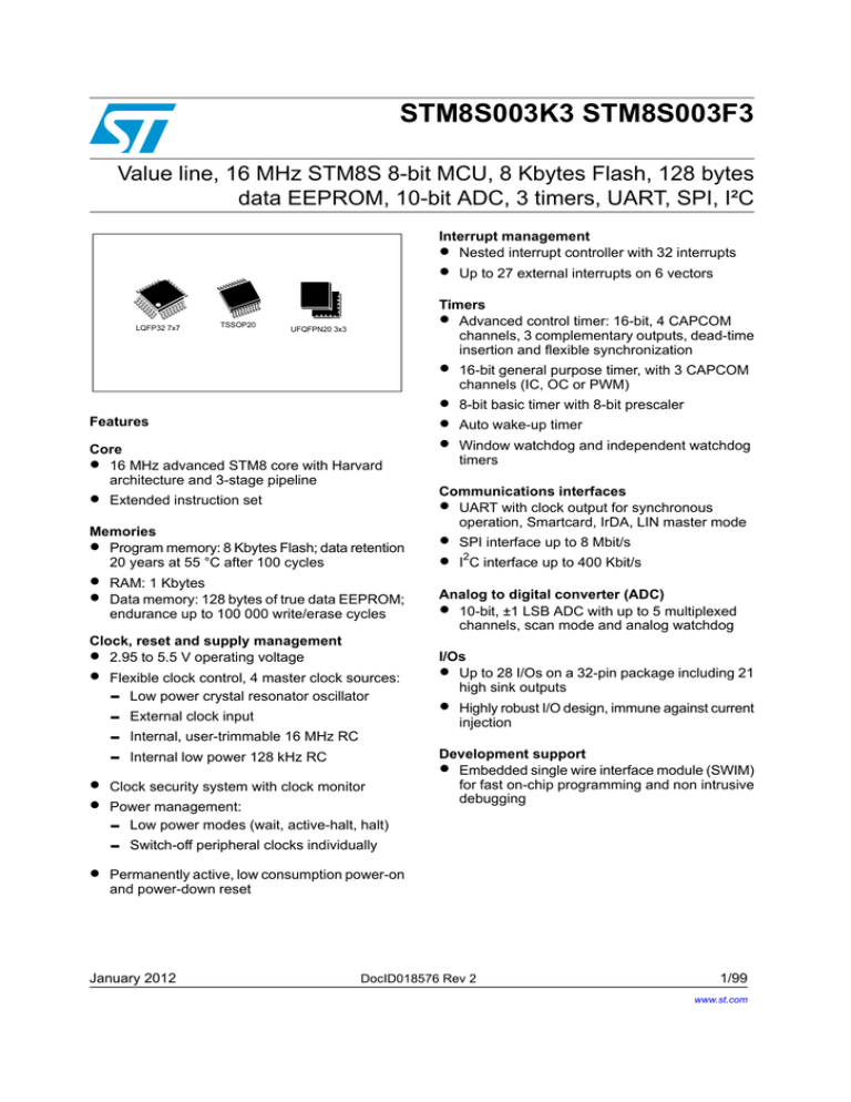 Value line, 16 MHz STM8S 8-bit MCU, 8 Kbytes Flash, 128 bytes Value line, 16 MHz STM8S 8-bit MCU, 8 Kbytes Flash, 128 bytes