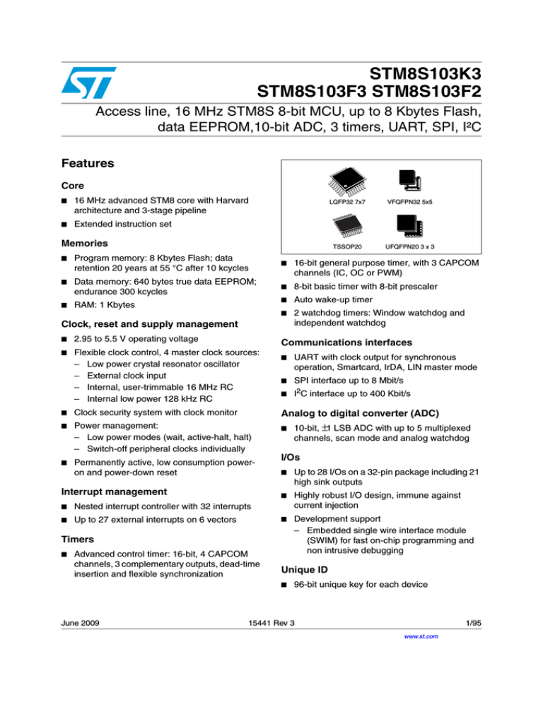 Access line, 16 MHz STM8S 8-bit MCU, up to 8 Kbytes Flash, data Access line, 16 MHz STM8S 8-bit MCU, up to 8 Kbytes Flash, data