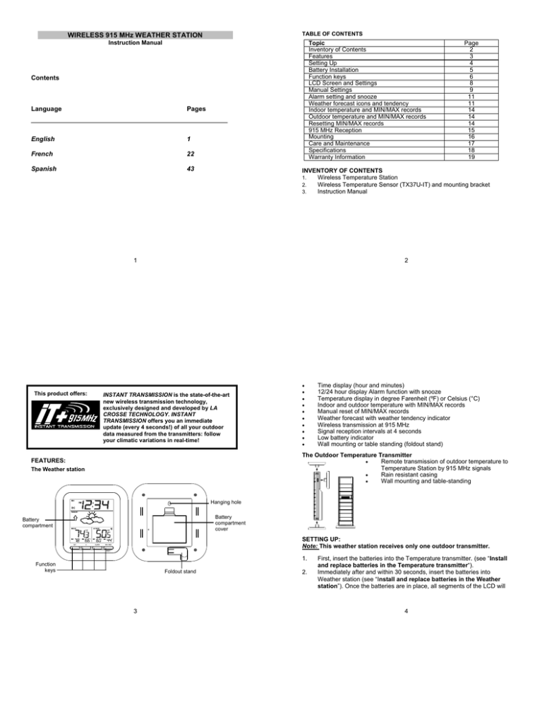 WIRELESS 915 MHz WEATHER STATION WIRELESS 915 MHz WEATHER STATION