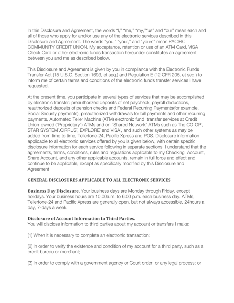 Electronic Services Disclosure - Pacific Community Credit Union Electronic Services Disclosure - Pacific Community Credit Union