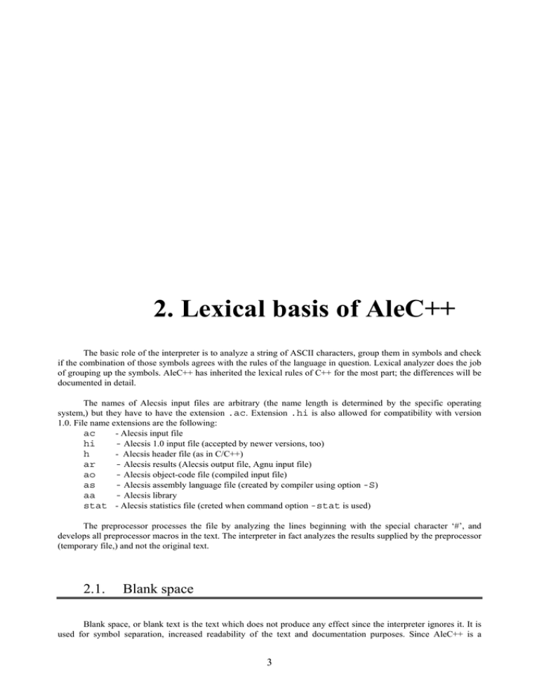 2. Lexical Basis of AleC++ 2. Lexical Basis of AleC++