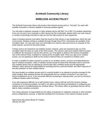 WIRELESS ACCESS POLICY - Archbold Community Library WIRELESS ACCESS POLICY - Archbold Community Library