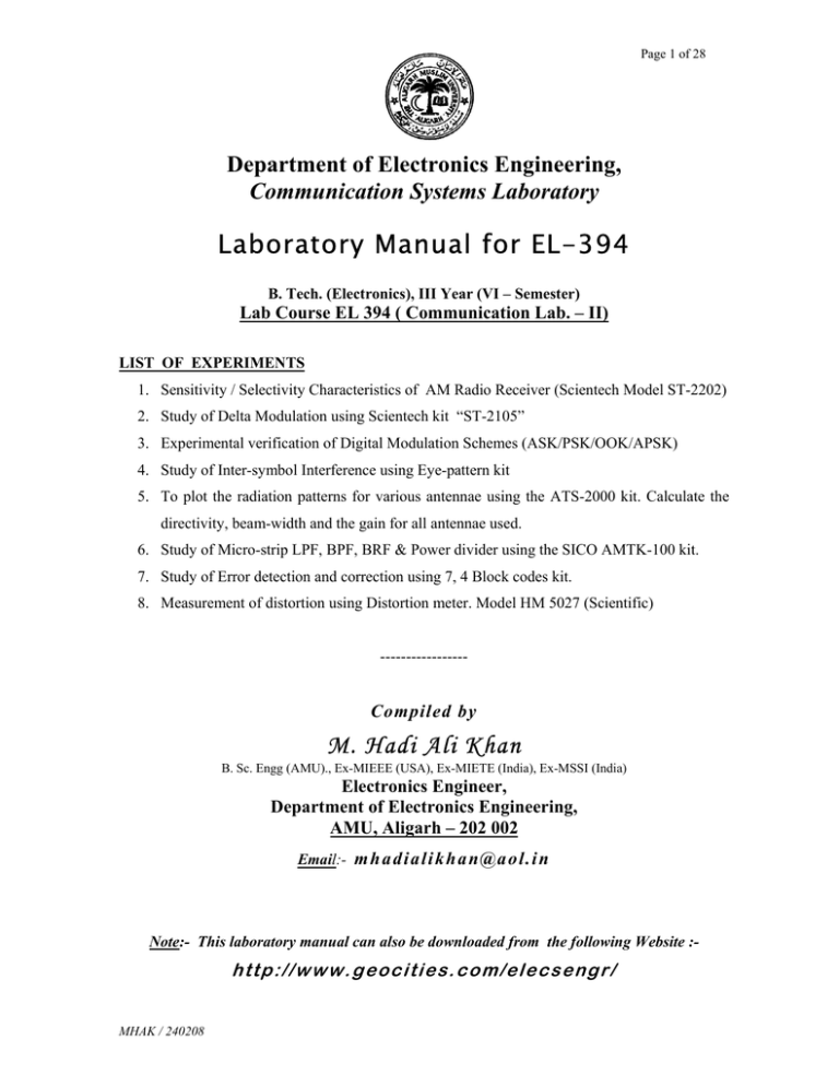 Laboratory Manual for EL-394 M. Hadi Ali Khan - Multi Laboratory Manual for EL-394 M. Hadi Ali Khan - Multi