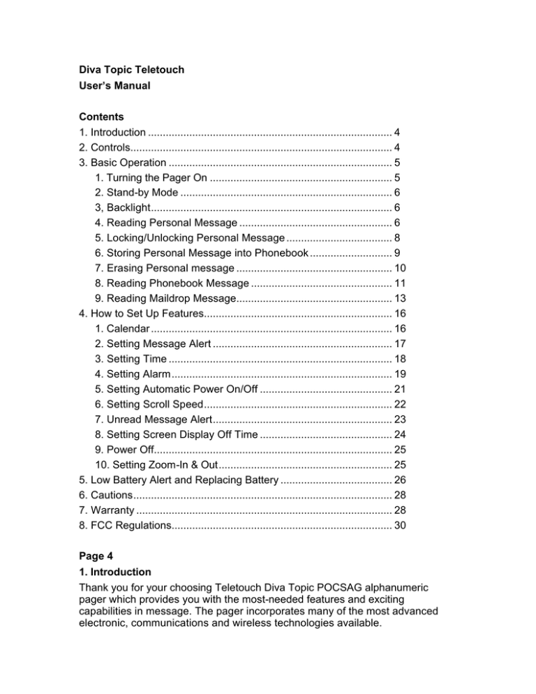 Diva Topic Teletouch User`s Manual Contents 1. Introduction Diva Topic Teletouch User`s Manual Contents 1. Introduction