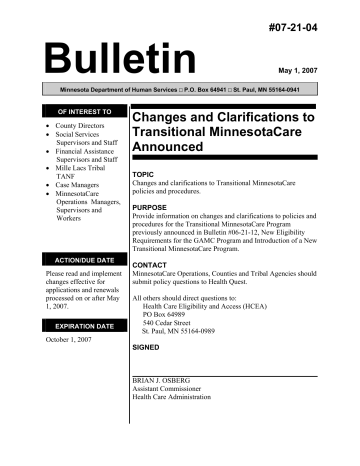 Changes and Clarifications to Transitional MinnesotaCare Announced Changes and Clarifications to Transitional MinnesotaCare Announced