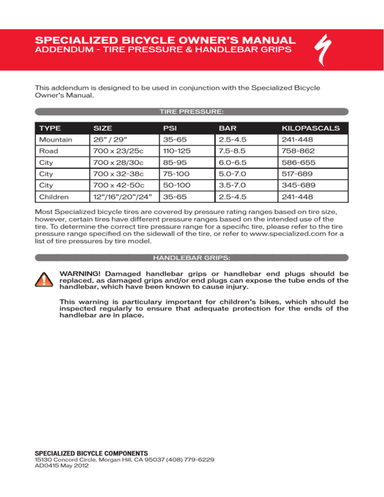SPECIALIZED BICYCLE OWNER`S MANUAL SPECIALIZED BICYCLE OWNER`S MANUAL